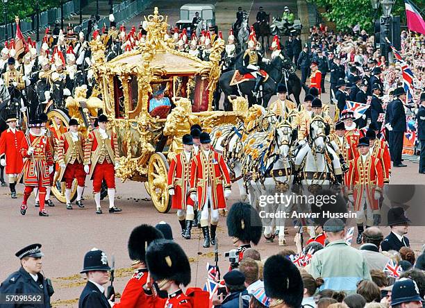 Queen Elizabeth II's Golden Coach on its way to St. Paul's Cathedral for the service to celebrate the Golden Jubilee on June 4, 2002.