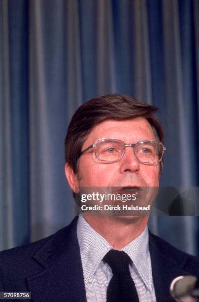 President Ford's White House press secretary Jerald F. Terhorst speaks from a podium at the announcement of Nelson Rockefeller as the vice...