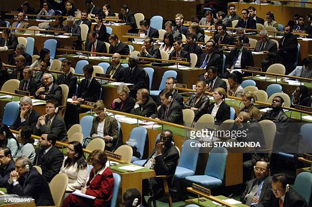 Delegations of the United Nations General Assembly listen to a speaker just before voting on a resolution to establish the UN Human Rights Council,...