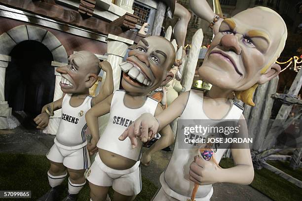 The "ninot", characatures of players Real Madrid 's players Brittish David Beckam Brazilians Ronaldo and Roberto Carlos are displayed during the...