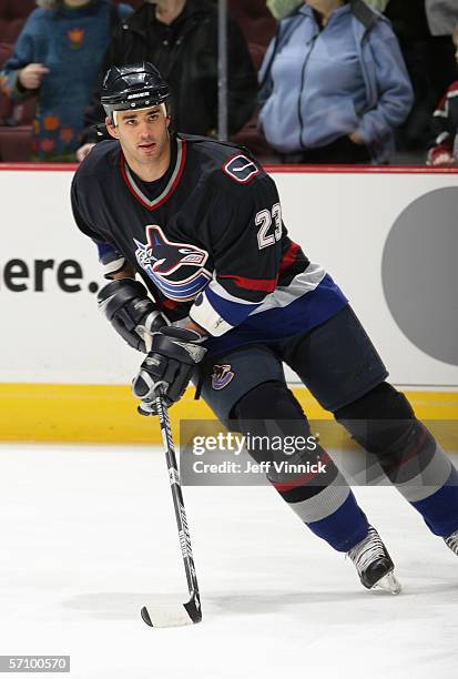 Sean Brown of the Vancouver Canucks skates during warm up prior to their game against the Dallas Stars at General Motors Place on March 11, 2006 in...