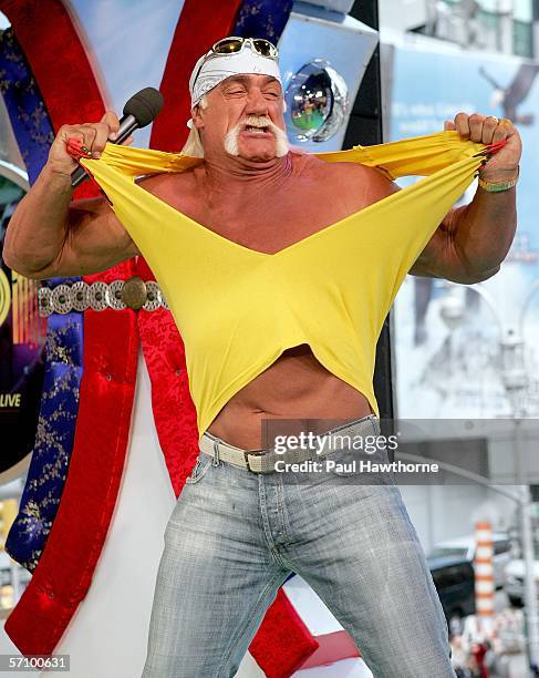 Wrestler Hulk Hogan gives the crowd a taste of "Hulkamania" as he appears on MTV's Total Request Live at MTV's Time Square Studios March 15, 2006 in...