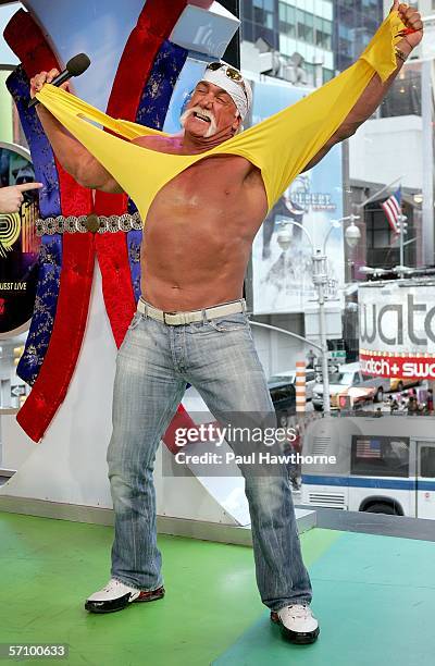 Wrestler Hulk Hogan gives the crowd a taste of "Hulkamania" as he appears on MTV's Total Request Live at MTV's Time Square Studios March 15, 2006 in...