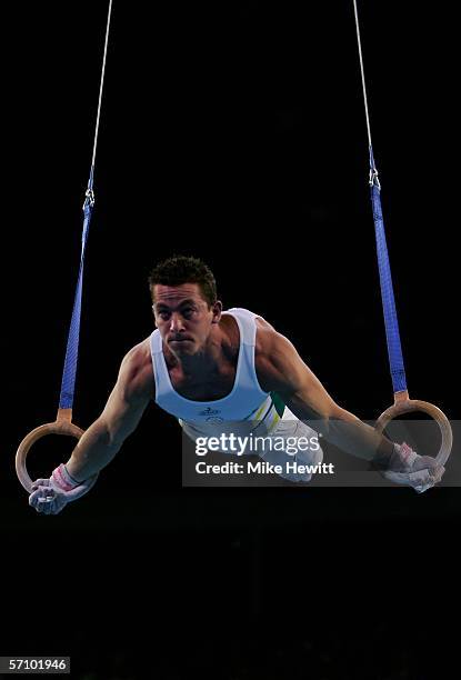 Steven Friedman of South Africa competes on the rings during the Men's Team competition in the artistic gymnastics at the Rod Laver Arena during day...