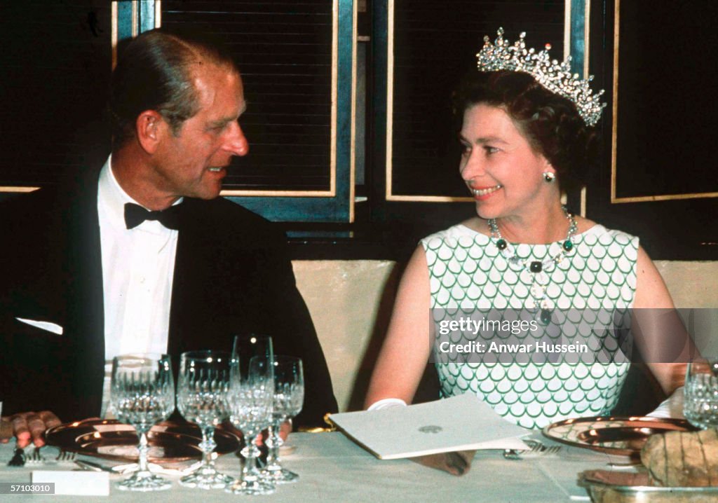 Queen Elizabeth II and Prince Philip, the Duke of Edinburgh at a state banquet