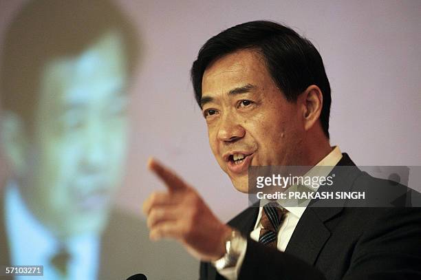 Minister of Commerce of the People's Republic of China Bo Xilai addresses a gathering of business delegates during a meeting of the Indo-China...
