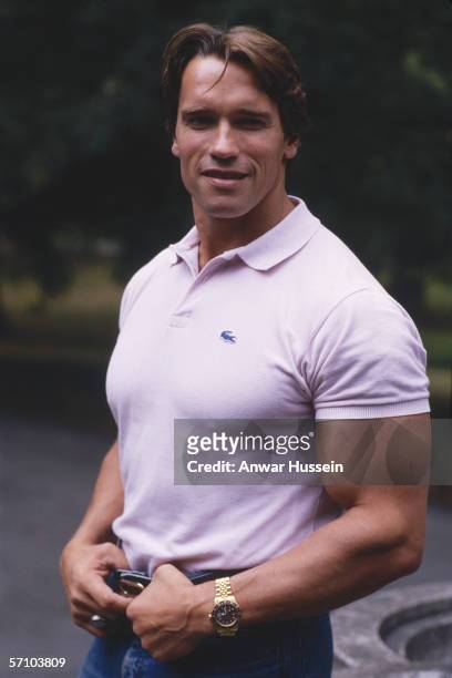 Austrian born American actor and body-builder Arnold Schwarzenegger poses for a portrait in September 1984 in London, England.