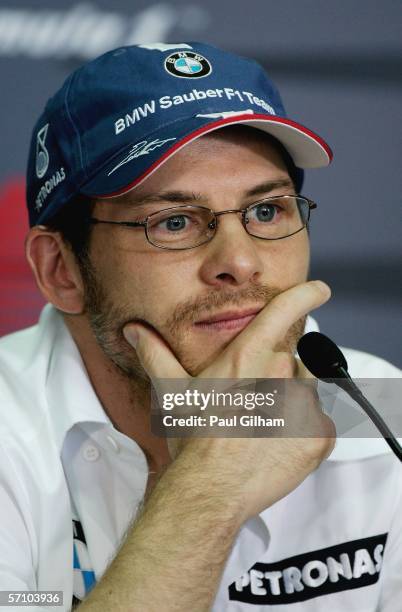 Jacques Villeneuve of Canada and BMW Sauber talks to the media prior to the Malaysian Formula One Grand Prix at the Sepang Circuit on March 16 in...