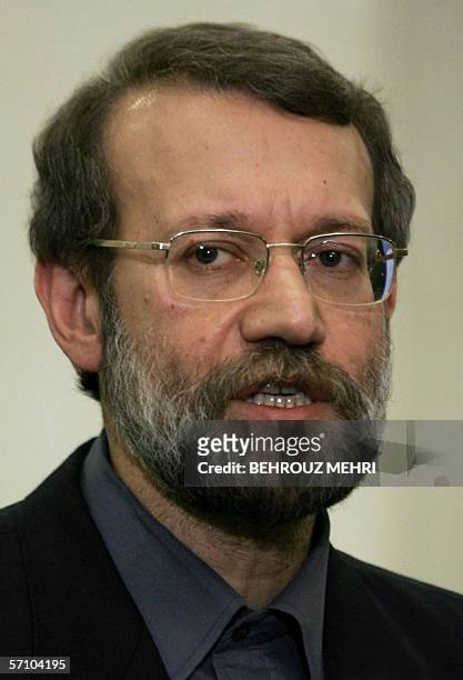 The head of Iran's Supreme National Security Council Ali Larijani speaks to the media during a press conference upon his closed session with Iranian...