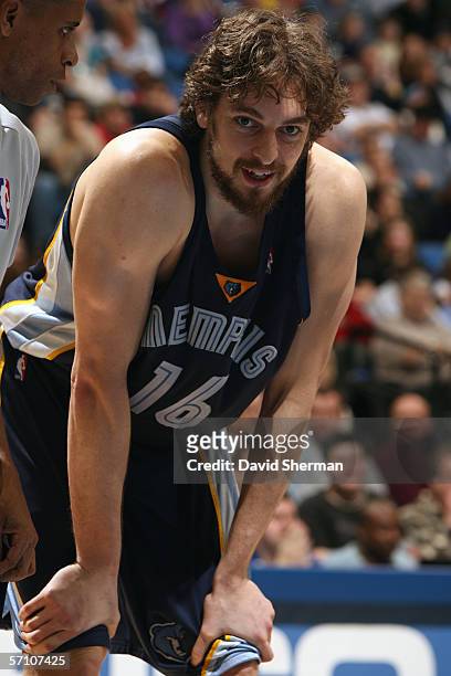Pau Gasol of the Memphis Grizzlies looks on during a game against the Minnesota Timberwolves at Target Center on February 26, 2006 in Minneapolis,...