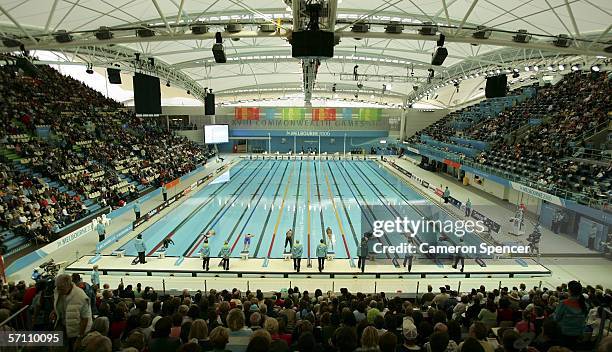 General view of the start of the heats of the men's 50m butterfly during the swimming at the Melbourne Sports & Aquatic Centre during day two of the...
