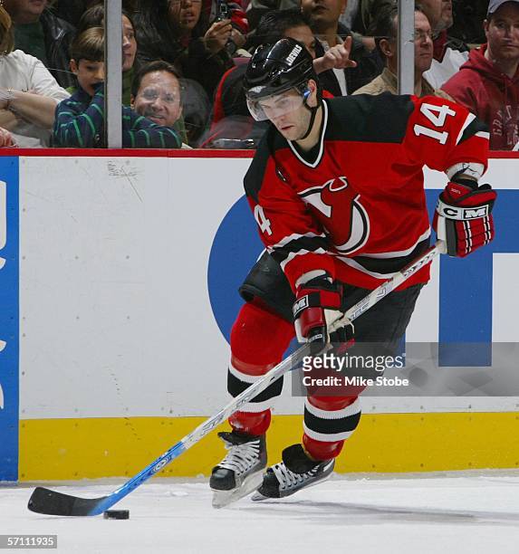 Brian Gionta of the New Jersey Devils skates against the Pittsburgh Penguins at the Continental Airlines Arena on March 16, 2006 in East Rutherford,...