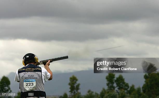 Saul Pitaluga of the Falkland Islands in action during the Men's Trap Pairs during Day two of the 18th Commonwealth Games at the Melbourne Gun...