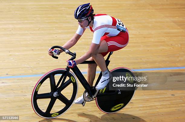 Nikki Harris of England competes in the Women's Point Race Final during track cycling at the Melbourne Park Multi Purpose Venue during day two of the...