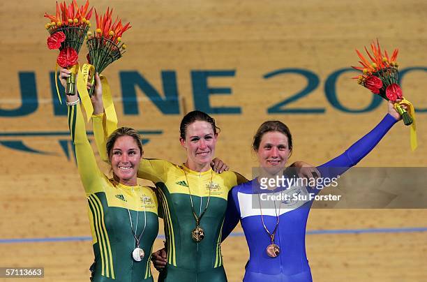 Silver medal winner Rochelle Gilmore of Australia, gold medal winner Katherin Bates of Australia and bronze medal winner Kate Cullen of Scotland pose...