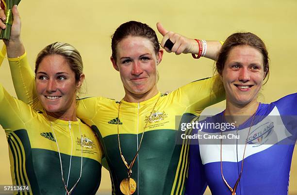 Silver medal winner Rochelle Gilmore of Australia, gold medal winner Katherin Bates of Australia and bronze medal winner Kate Cullen of Scotland pose...