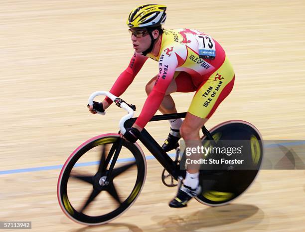 Mark Cavendish of the Isle of Man competes in the Men's 40km Points Race Final during track cycling at the Melbourne Park Multi Purpose Venue during...