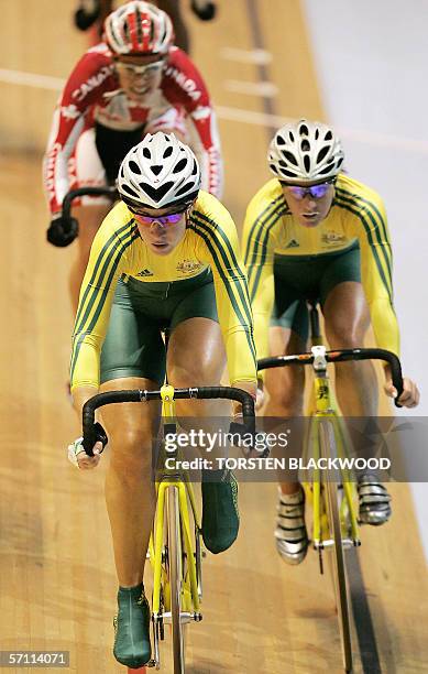 Australia's Katherin Bates sprints her way to gold ahead of silver medallist and compatriot Rochelle Gilmore during the cycling final of the women's...