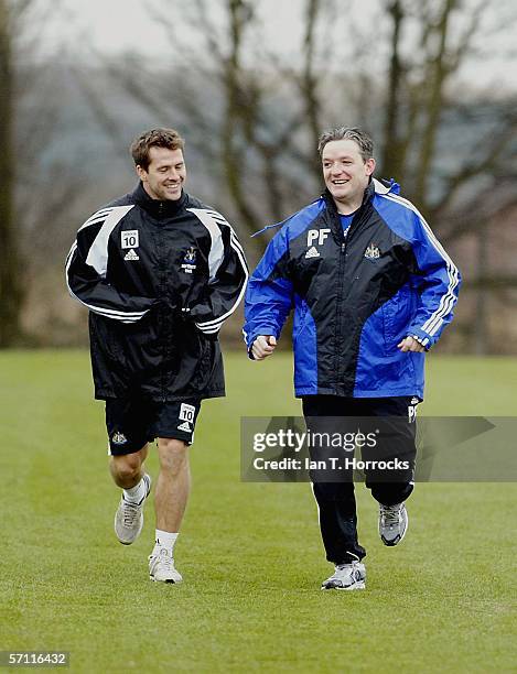 Michael Owen trains with club physio Paul Ferriss during a Newcastle United training session on March 17 2006 in Newcastle, England.