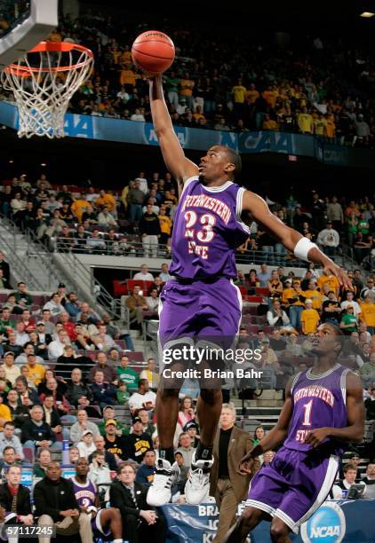 Jermaine Wallace of the Northwestern State Demons makes a layup during the First Round of the 2006 NCAA Men's Basketball Tournament against the Iowa...