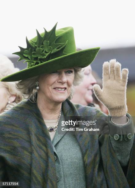 Camilla, Duchess of Cornwall wears a St Patrick's Day themed hat designed by milliner Philip Treacy to the final day of Cheltenham Races on March 17,...