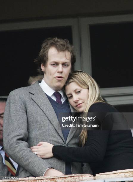 Sara Parker-Bowles hugs her husband Tom Parker-Bowles before the Gold Cup race on the fourth day of Cheltenham Races on March 17, 2006 in Cheltenham,...