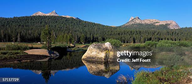 cathedral and unicorn peaks behind forest of pine trees and large boulder are reflected in tuolumne river. cathedral peak, unicorn peak, tuolumne river, yosemite national park, california. - cathedral imagens e fotografias de stock