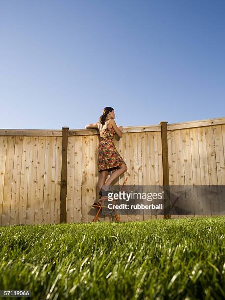 low angle view of a woman peeking over a wooden fence - nosy woman bildbanksfoton och bilder