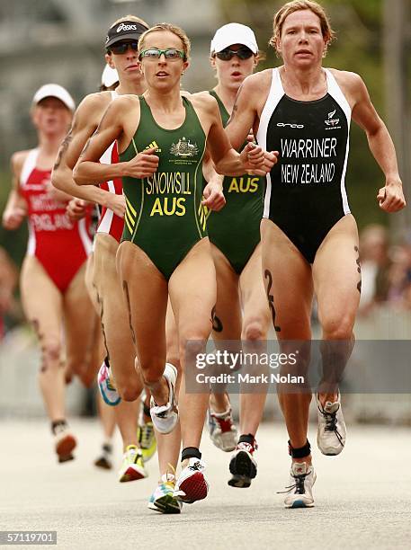 Emma Snowsill of Australia competes in the Run section of the Triathlon Women's Race at the St Kilda Foreshore and Beach Road during day three of the...