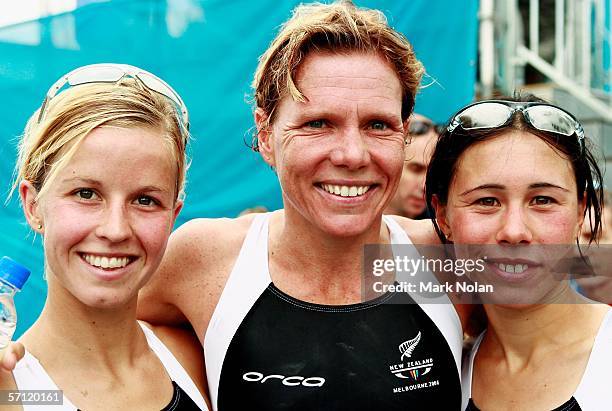 Silver medalist Samantha Warriner of New Zealand poses with Debbie Tanner of New Zealand and bronze medalist Andrea Hewitt of New Zealand in the...