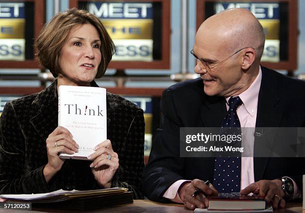 Republican strategist Mary Matalin holds up a copy of the book "Think" by Michael R. LeGault to remind Democrats to think as her husband Democratic...