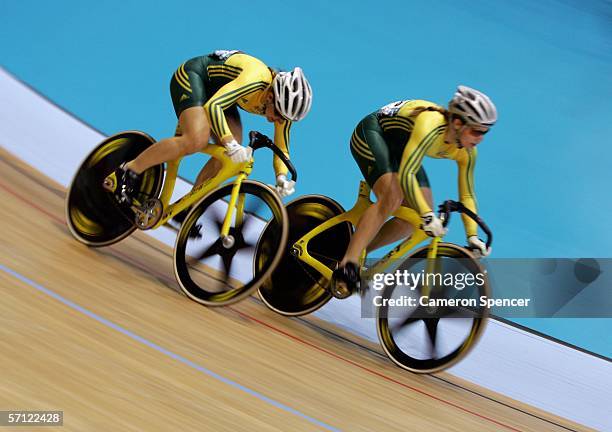 Anna Meares of Australia and Kerrie Meares of Australia compete in the Women's Sprint Semifinals during track cycling at the Melbourne Park Multi...