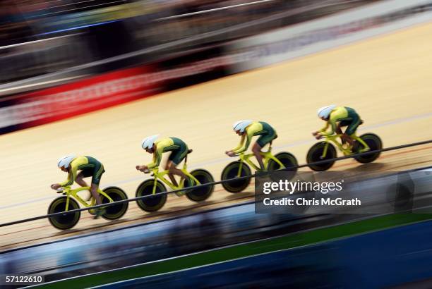 The Australian team compete in the Men's Team Pursuit Final during track cycling at the Melbourne Park Multi Purpose Venue during day three of the...