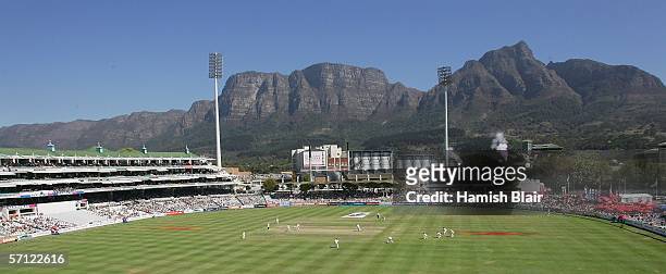 General view of play with Table Mountain in the background during day three of the First Test between South Africa and Australia played at the...