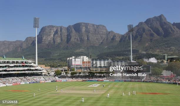 General view of play with Table Mountain in the background during day three of the First Test between South Africa and Australia played at the...