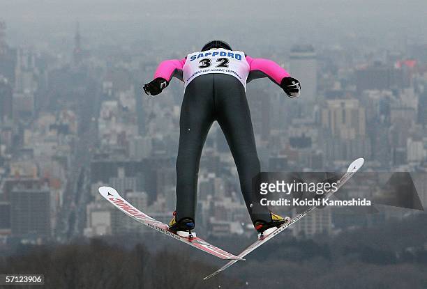 Mario Stecher of Austria competes during the ski jumping event of the FIS World Cup Nordic Combined 2006 race on March 18, 2006 in Sapporo, Japan....
