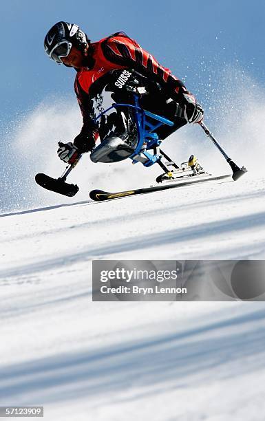 Markus Pfisterer of Switzerland competes in the Men's Giant Slalom - Sitting during Day Seven of the Turin 2006 Winter Paralympic Games on March 17,...