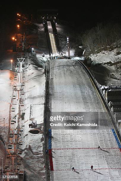 General view of the course at the ski jumping event is seen during the FIS World Cup Nordic Combined 2006 on March 18, 2006 in Sapporo, Japan. Due to...