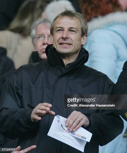 Juergen Klinsmann, headcoach of the German National Team, attends the Bundesliga match between Borussia Dortmund and 1.FC Kaiserslautern at the...