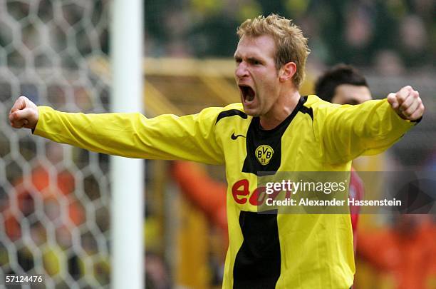 Florian Kringe of Dortmund celebrates scoring the 3rd goal during the Bundesliga match between Borussia Dortmund and 1.FC Kaiserslautern at the...