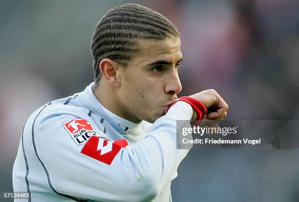 Mohamed Zidan of Mainz celebrates after scoring the first goal during the Bundesliga match between Bayer Leverkusen and Mainz 05 at the BayArena on...