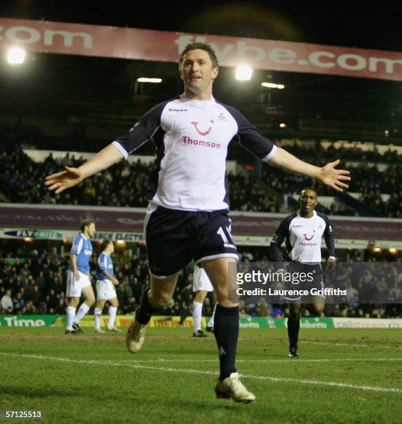 Robbie Keane of Spurs celebrates scoring the second goal during the Barclays Premiership match between Birmingham City and Tottenham Hotspur at St...