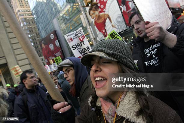 Demonstrators march during a protest the war in Iraq on March 18, 2006 in New York City. The protest marks the three year anniversary of the war.