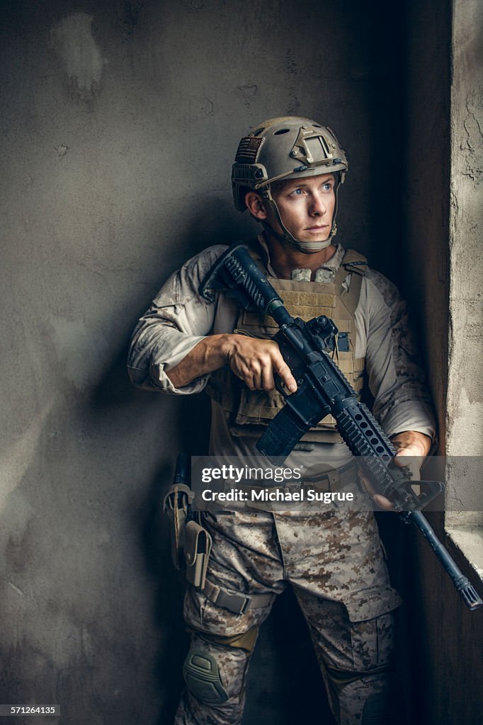 Portrait of US Marine on patrol.