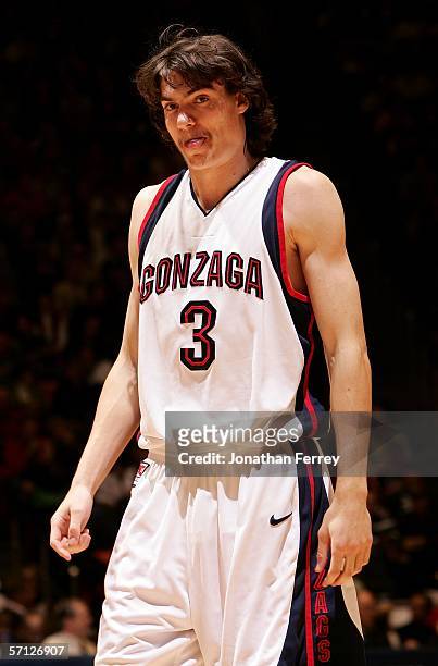 Adam Morrison of the Gonzaga Bulldogs sticks his tounge out as he stands on court against the Indiana Hoosiers during the Second Round of the 2006...