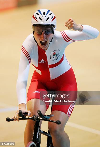 Emma Jones of England celebrates victory after the Women's Individual Pursuit Bronze Medal Race during track cycling at the Melbourne Park Multi...