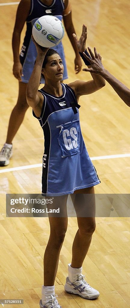 Taraima Rara Taraima Rara of Fiji in action during the netball match between New ...