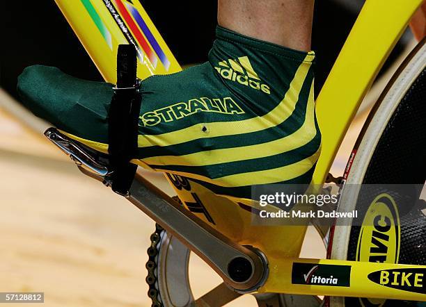 Foot detail of an Australian cyclist during track cycling at the Melbourne Park Multi Purpose Venue during day four of the Melbourne 2006...