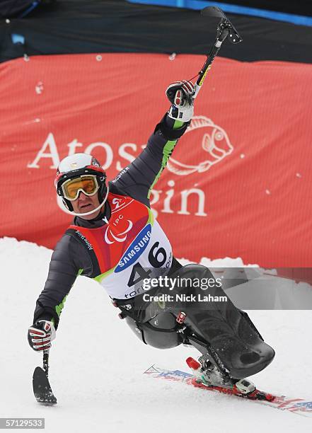 Martin Braxenthaler of Germany celebrates at the finish line of the Men's Slalom - Sitting during Day Nine of the Turin 2006 Winter Paralympic Games...