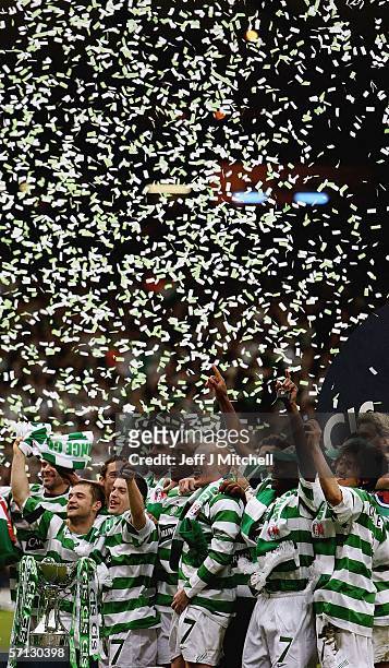 Celtic players celebrate after wining the CIS Insurance Cup Final soccer match between Celtic and Dunfermline at Hampden Park March 19, 2006 in...